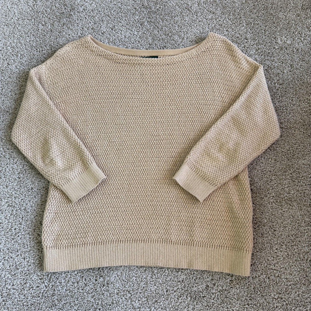 Lauren Jeans Co Sweater Womens M Beige Open Knit Boat Neck 3/4 Sleeve
